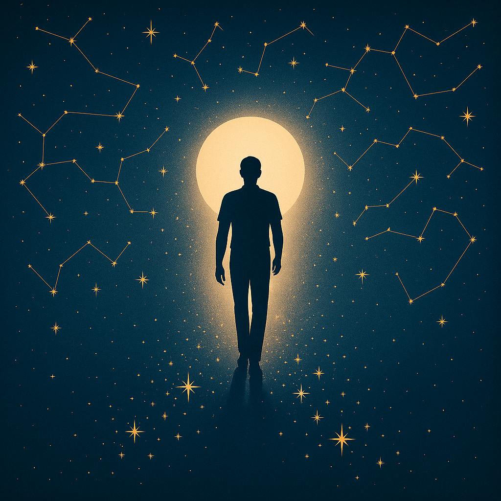 A silhouette walks into cosmic light as constellations fade, symbolizing the 12th house and spiritual liberation.