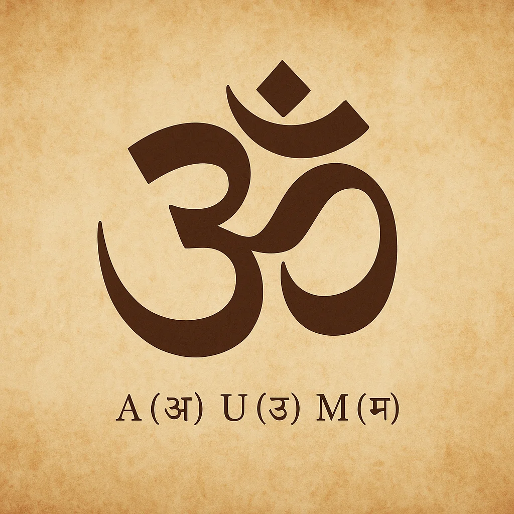 The Hindu Om symbol (ॐ) with its three sacred sounds A (अ), U (उ), and M (म).