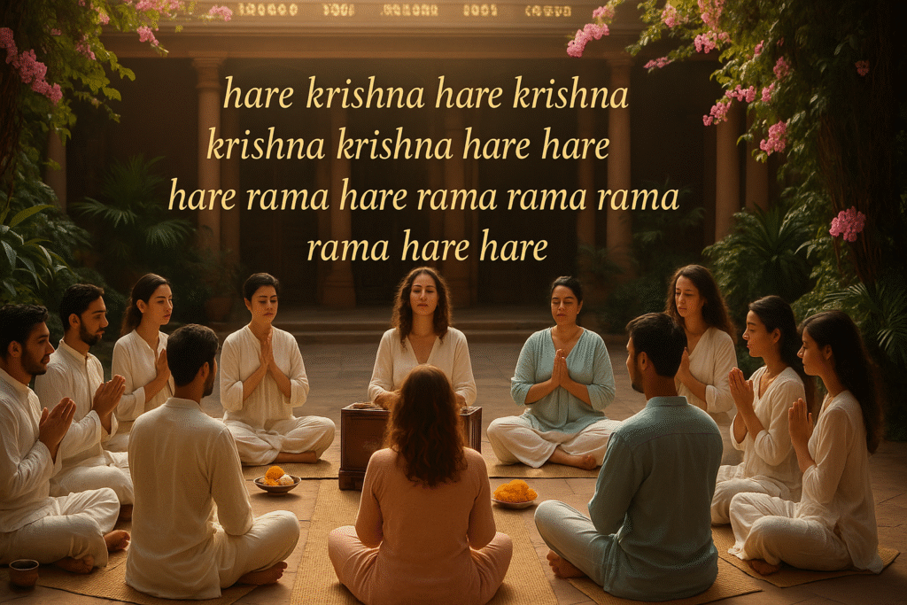 A group engaged in satsang, chanting the Hare Krishna Maha Mantra